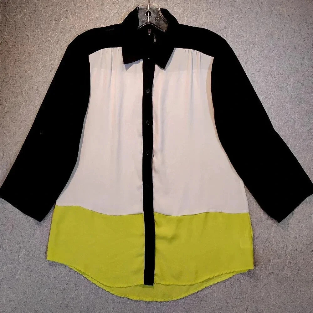Maurice's Women's Black White  Yellow Color Block 3/4 Sleeve Blouse Size Medium